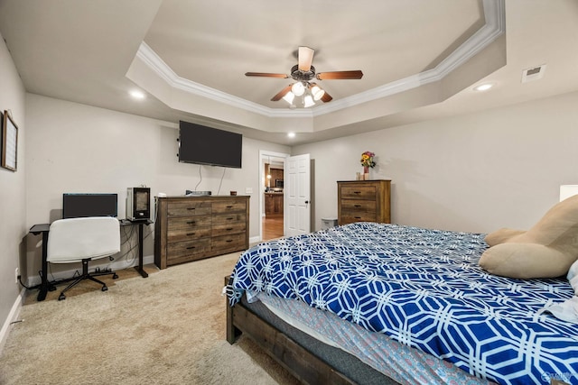 8 Cypress Point Dr, Huntsville, AL 35824 - carpeted bedroom with crown molding, a tray ceiling, recessed lighting, baseboards, and a ceiling fan