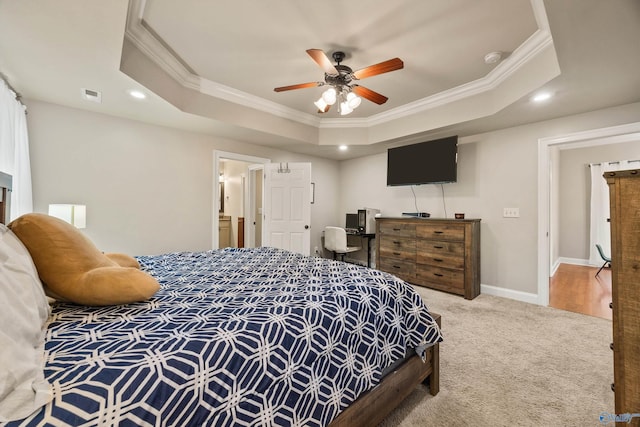 8 Cypress Point Dr, Huntsville, AL 35824 - bedroom featuring ornamental molding, a tray ceiling, recessed lighting, carpet flooring, and ceiling fan