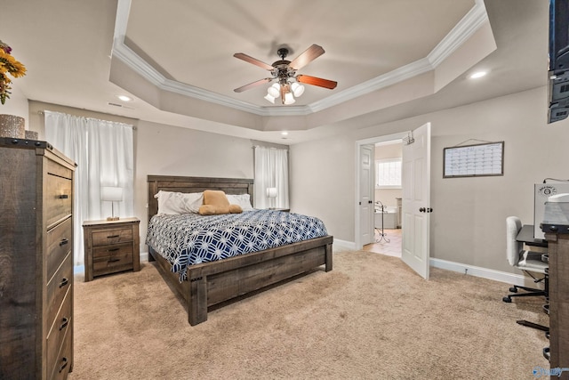 8 Cypress Point Dr, Huntsville, AL 35824 - bedroom featuring ornamental molding, a raised ceiling, light carpet, baseboards, and recessed lighting