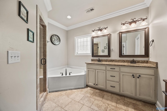8 Cypress Point Dr, Huntsville, AL 35824 - bathroom with crown molding, double vanity, a bath, and a shower stall