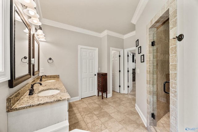 8 Cypress Point Dr, Huntsville, AL 35824 - full bath with crown molding, double vanity, a shower stall, baseboards, and stone finish floors