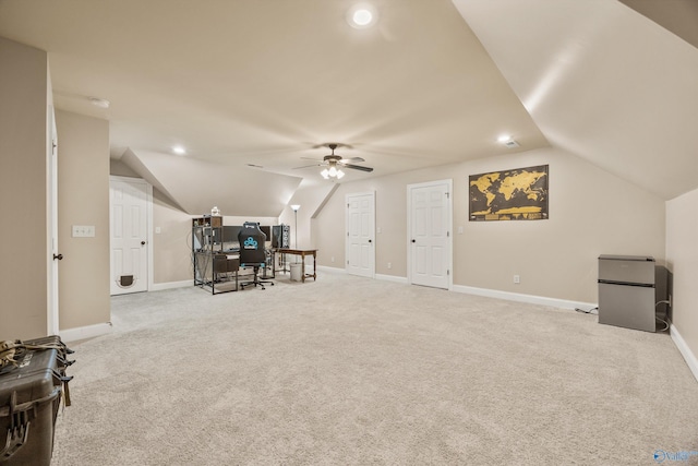 8 Cypress Point Dr, Huntsville, AL 35824 - carpeted living room with lofted ceiling, ceiling fan, baseboards, and recessed lighting