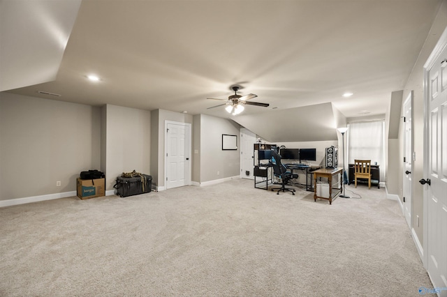 8 Cypress Point Dr, Huntsville, AL 35824 - office space featuring a ceiling fan, light carpet, baseboards, recessed lighting, and vaulted ceiling
