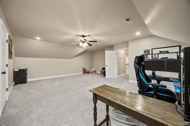 8 Cypress Point Dr, Huntsville, AL 35824 - office space featuring vaulted ceiling, a ceiling fan, light colored carpet, baseboards, and recessed lighting