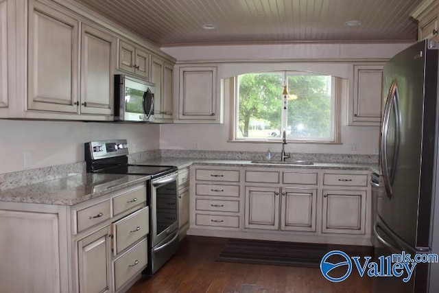 kitchen with sink, dark wood-type flooring, appliances with stainless steel finishes, cream cabinets, and wooden ceiling