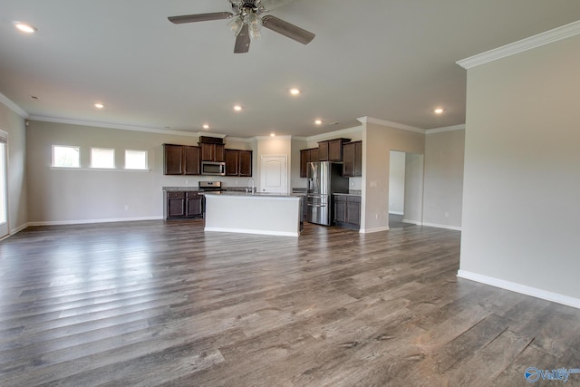 13971 Lannister Ln, Athens, AL 35613 - unfurnished living room with ceiling fan, ornamental molding, baseboards, recessed lighting, and dark wood finished floors