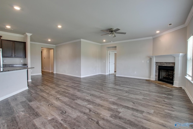 13971 Lannister Ln, Athens, AL 35613 - unfurnished living room featuring recessed lighting, ceiling fan, baseboards, wood finished floors, and crown molding