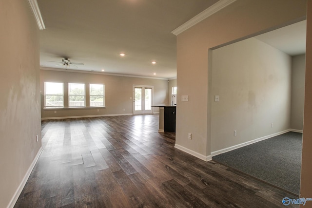 13971 Lannister Ln, Athens, AL 35613 - unfurnished living room with ornamental molding, baseboards, dark wood-type flooring, ceiling fan, and recessed lighting