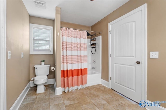 bathroom with toilet and shower / bathtub combination with curtain