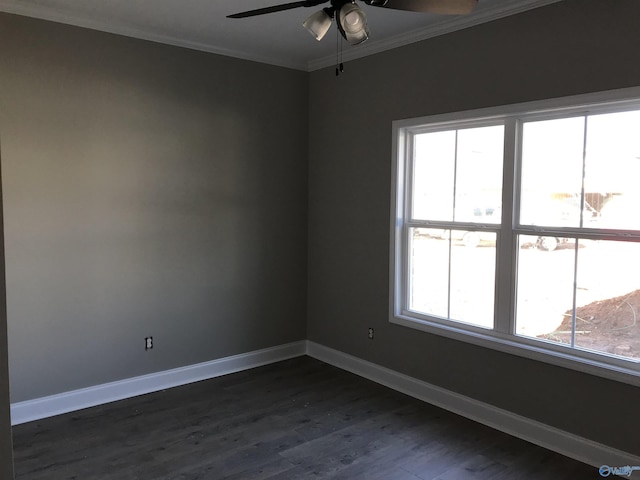 empty room with dark wood-type flooring, ceiling fan, and ornamental molding