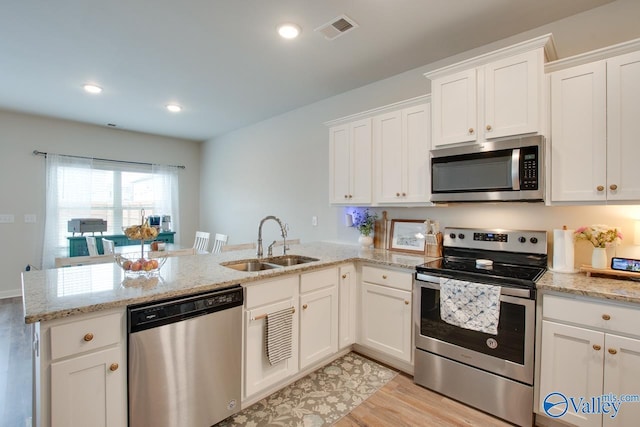 kitchen featuring white cabinetry, appliances with stainless steel finishes, kitchen peninsula, and sink