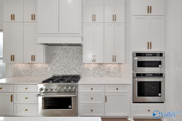 kitchen with appliances with stainless steel finishes, custom exhaust hood, light countertops, white cabinetry, and backsplash