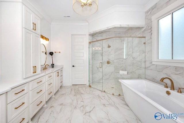 full bath with marble finish floor, crown molding, a marble finish shower, a soaking tub, and vanity