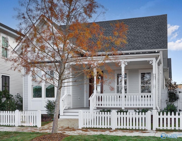 view of front facade with a fenced front yard, a shingled roof, and a porch