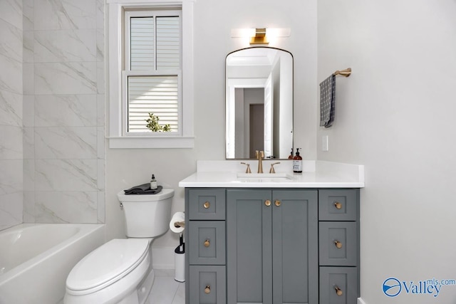 full bath featuring  shower combination, baseboards, vanity, and toilet