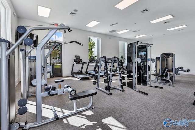 exercise room featuring carpet floors and visible vents