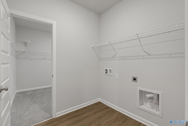 laundry room featuring electric dryer hookup, dark hardwood / wood-style flooring, and washer hookup