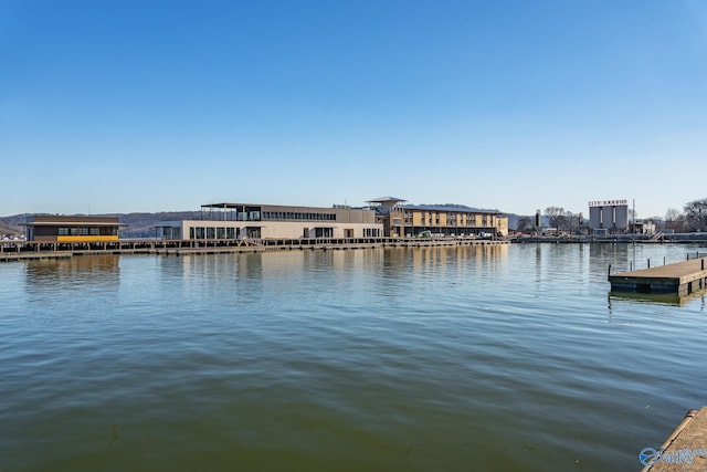 view of water feature with a dock