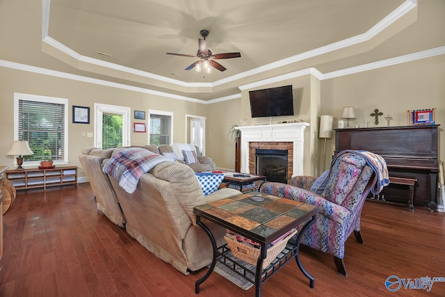 living room with ceiling fan, a fireplace, dark hardwood / wood-style flooring, and a raised ceiling