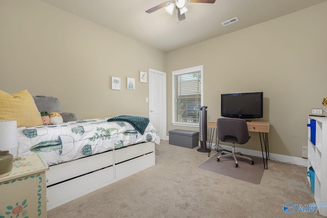 carpeted bedroom with ceiling fan