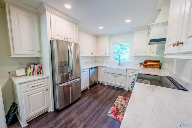 218 Beaver Run Dr, Madison, AL 35758 - kitchen featuring appliances with stainless steel finishes, a sink, dark wood-style flooring, white cabinets, and ventilation hood