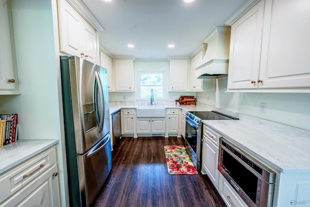218 Beaver Run Dr, Madison, AL 35758 - kitchen with stainless steel appliances, a sink, dark wood-type flooring, custom exhaust hood, and white cabinets