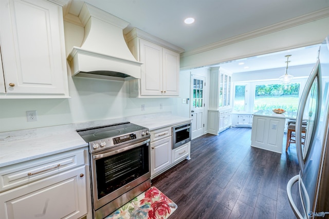 218 Beaver Run Dr, Madison, AL 35758 - kitchen with appliances with stainless steel finishes, crown molding, custom exhaust hood, white cabinetry, and dark wood finished floors