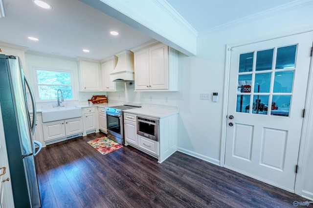 218 Beaver Run Dr, Madison, AL 35758 - kitchen with appliances with stainless steel finishes, a sink, custom range hood, crown molding, and dark wood-style floors
