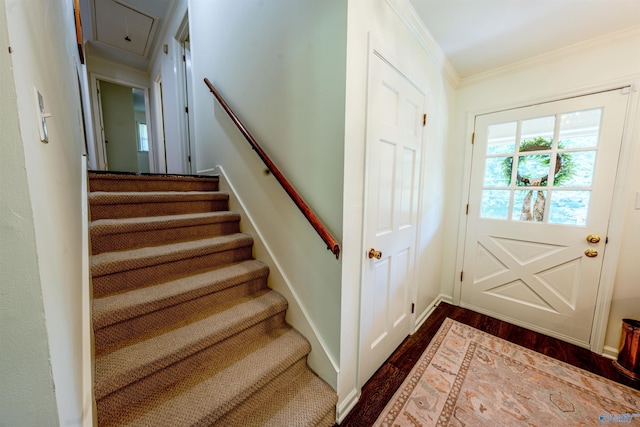 218 Beaver Run Dr, Madison, AL 35758 - staircase featuring ornamental molding, wood finished floors, attic access, and baseboards