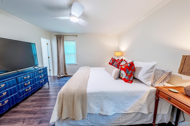 218 Beaver Run Dr, Madison, AL 35758 - bedroom featuring dark wood finished floors, crown molding, a ceiling fan, and baseboards