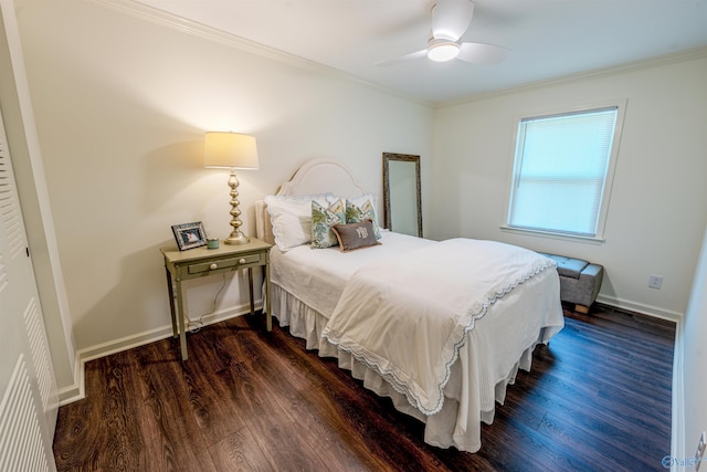 218 Beaver Run Dr, Madison, AL 35758 - bedroom with dark wood finished floors, ornamental molding, baseboards, and a ceiling fan