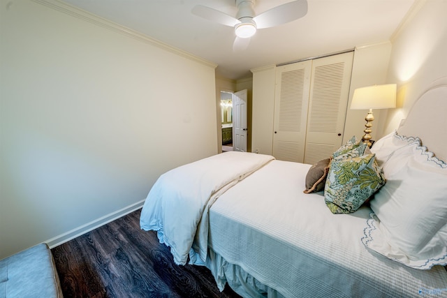 218 Beaver Run Dr, Madison, AL 35758 - bedroom featuring wood finished floors, a closet, crown molding, baseboards, and ceiling fan
