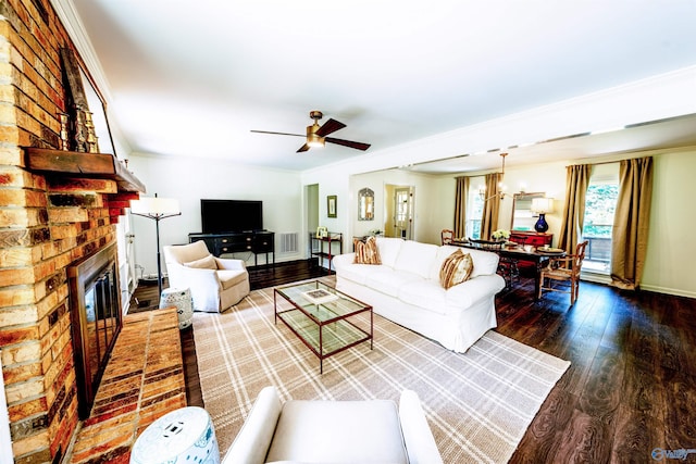 218 Beaver Run Dr, Madison, AL 35758 - living room with a brick fireplace, wood finished floors, and a ceiling fan
