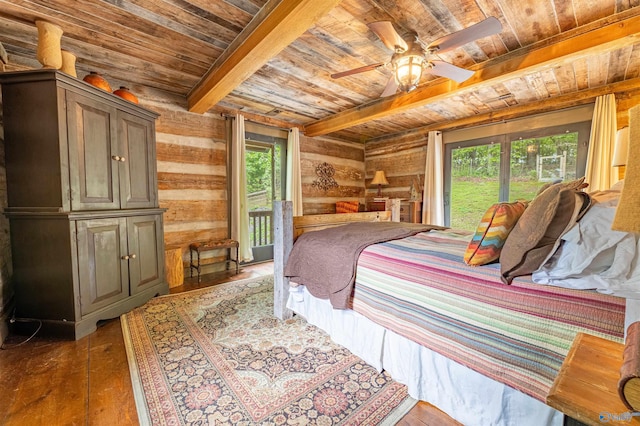 bedroom with wood ceiling, ceiling fan, beamed ceiling, and hardwood / wood-style floors