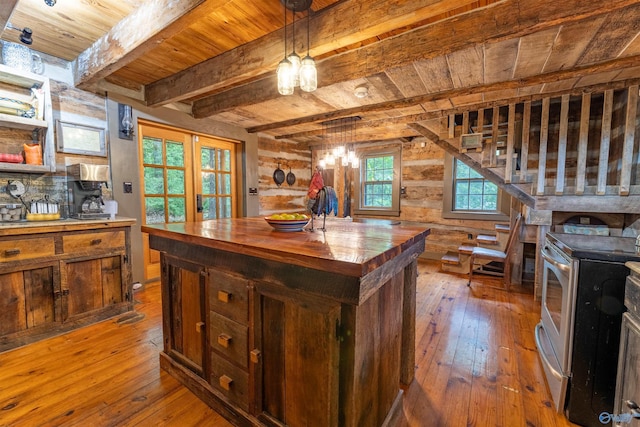 kitchen featuring electric range, wood-type flooring, wood counters, wooden ceiling, and beamed ceiling