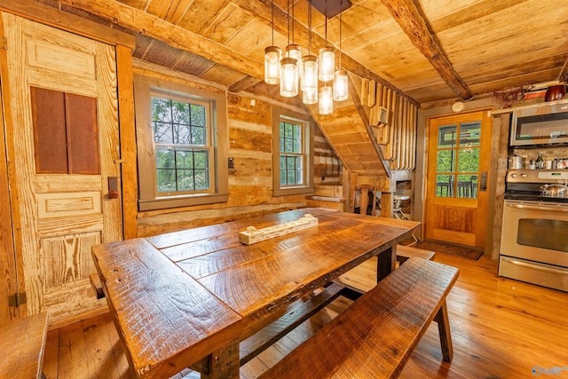 dining area with wood ceiling, light wood-type flooring, stairs, and a notable chandelier