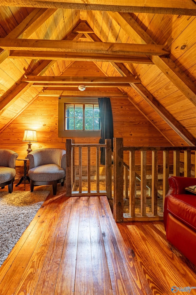 sitting room featuring lofted ceiling with beams, wood ceiling, wood-type flooring, and wood walls