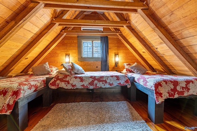 bedroom with wood-type flooring, vaulted ceiling with beams, and wood ceiling