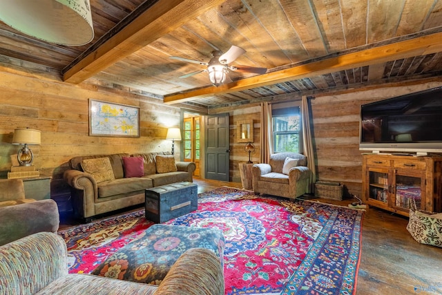living room featuring wood ceiling, ceiling fan, wooden walls, and hardwood / wood-style floors