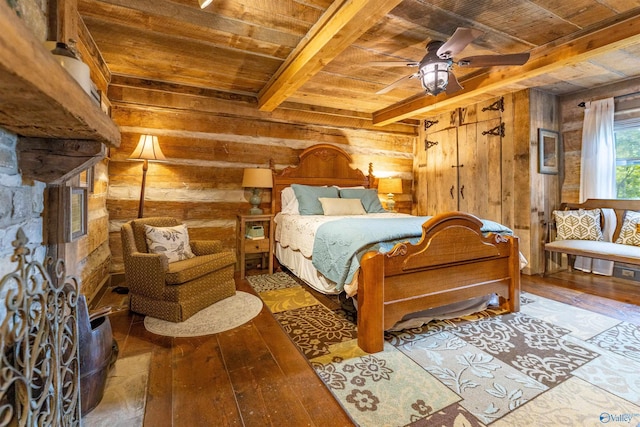 bedroom with wood-type flooring, beamed ceiling, wood walls, and wood ceiling