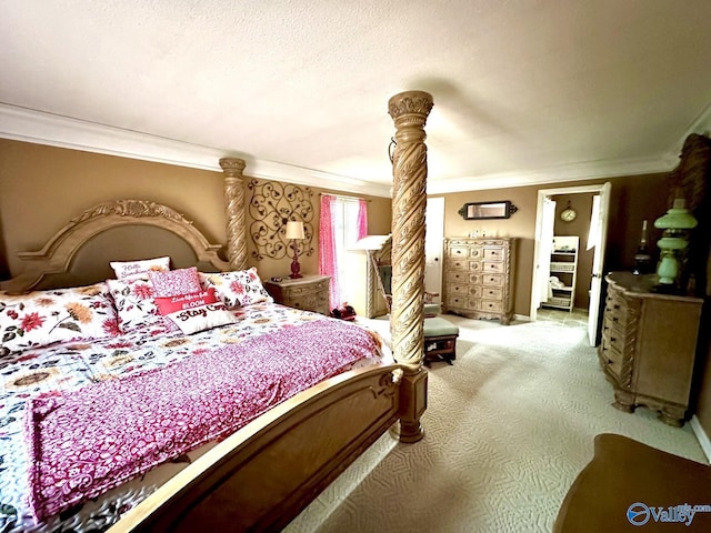 bedroom with carpet flooring, a textured ceiling, and crown molding