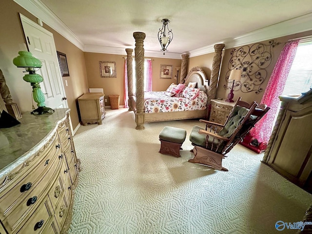 bedroom featuring light colored carpet, ornamental molding, and baseboards