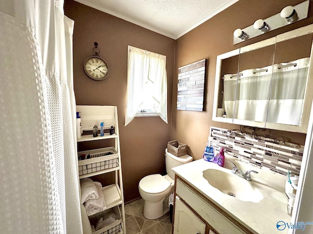 full bathroom featuring a textured ceiling, toilet, ornamental molding, vanity, and tile patterned flooring