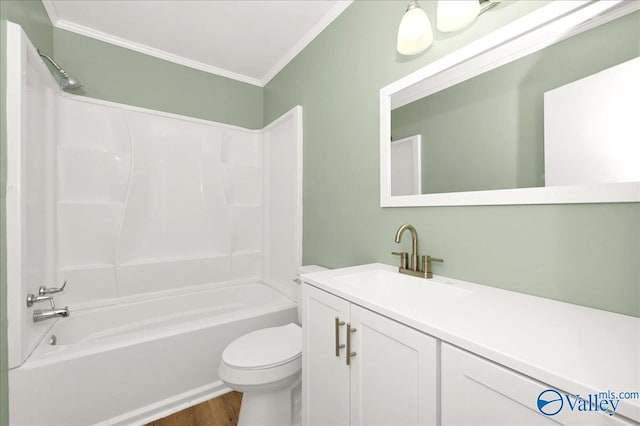 full bathroom with vanity, crown molding, toilet, shower / bathtub combination, and wood-type flooring