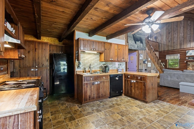 kitchen with sink, black appliances, wooden ceiling, beam ceiling, and backsplash