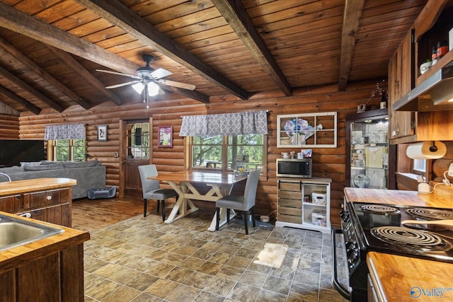 interior space with ceiling fan, beam ceiling, rustic walls, and wooden ceiling