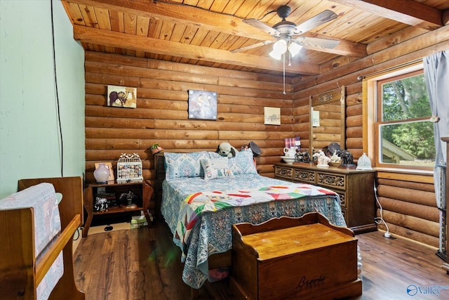 bedroom with dark wood-type flooring, wooden ceiling, rustic walls, and beamed ceiling