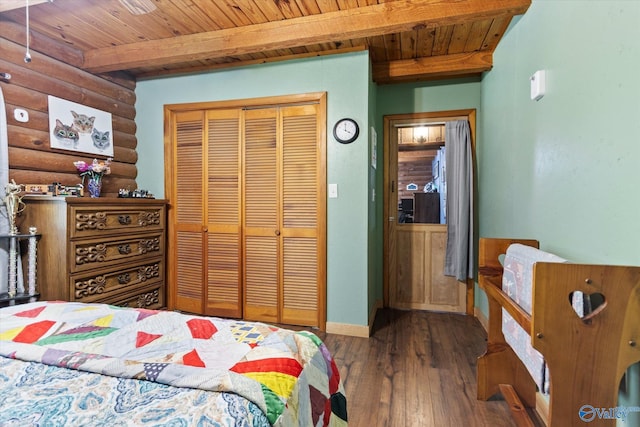 bedroom featuring rustic walls, dark hardwood / wood-style floors, wooden ceiling, a closet, and beamed ceiling