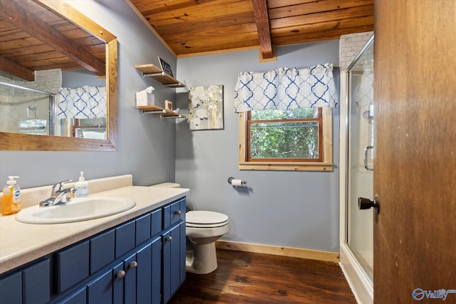 bathroom with beamed ceiling, a shower with door, hardwood / wood-style flooring, and wooden ceiling