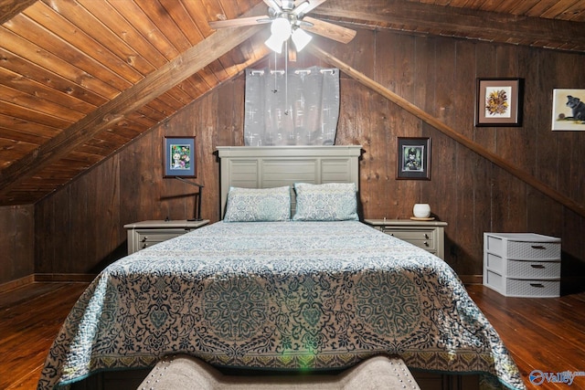 bedroom with wood ceiling, wooden walls, lofted ceiling with beams, and dark hardwood / wood-style floors